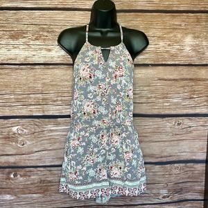 Romper Halter Top S Angie Gray Grey Floral Pockets Shirred Back Light Weight